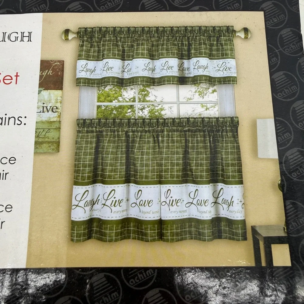 Achim Live Love Laugh 3 Piece Kitchen Curtain Tier & Valance Set Green Plaid 24